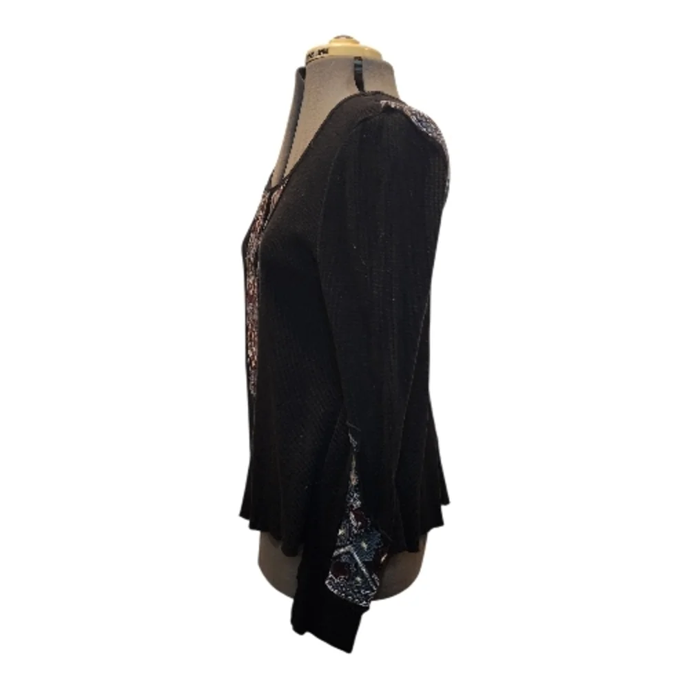 Free People Marion Black and Burgundy Embroidered Thermal Long Sleeve Top Large - Picture 6 of 7